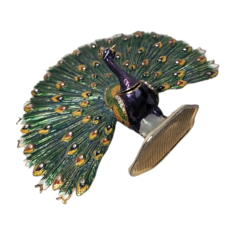 Sorelle Peacock Trinket Box Gold tone Hinged Storage Colorful Bejeweled